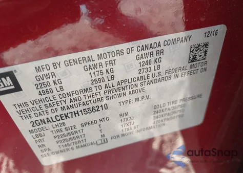 2017 Chevrolet Equinox Lt z USA, uszkodzony, nr VIN 2GNALCEK7H1556210